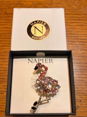 Napier Pink and Clear Crystal Flamingo Brooch - Gold Tone